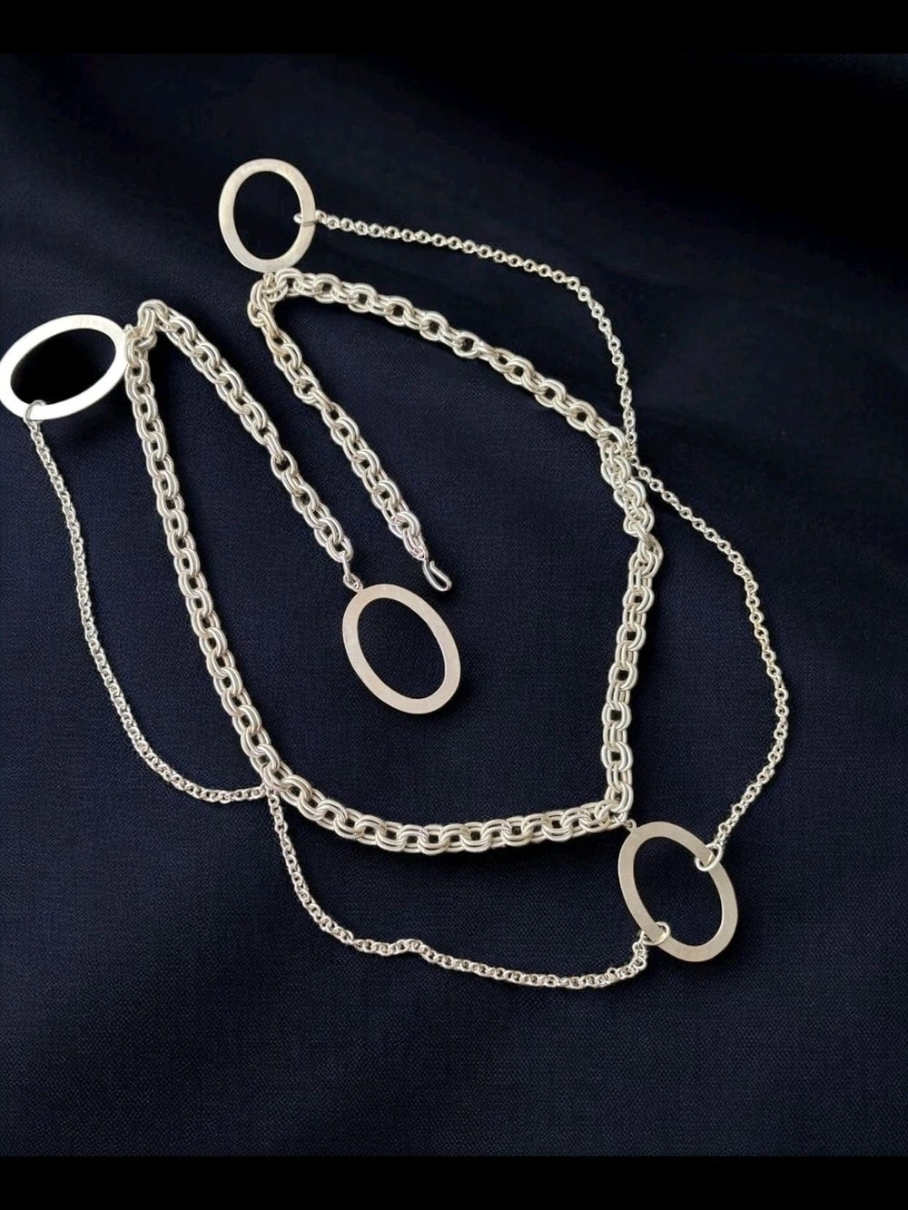 Vintage Silver Tone Chain Belt Oval Ring Accents Draped Adjustable 38”